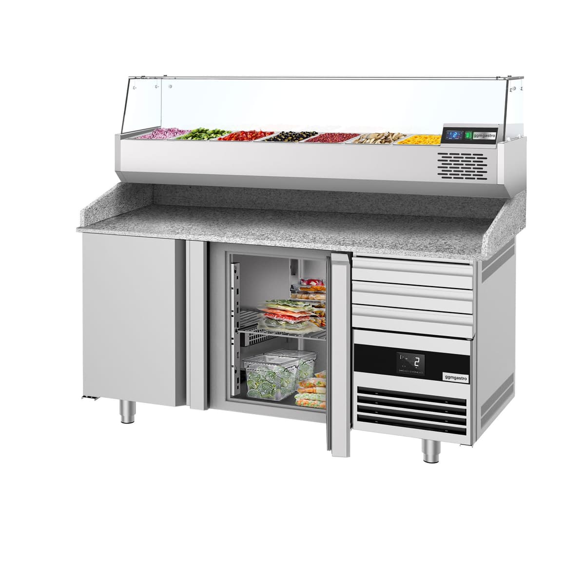 Chladicí stůl na pizzu PREMIUM - 1600x800mm - se 2 dveřmi & 3 zásuvkami - vč. chladicí vitríny - 6x GN 1/3