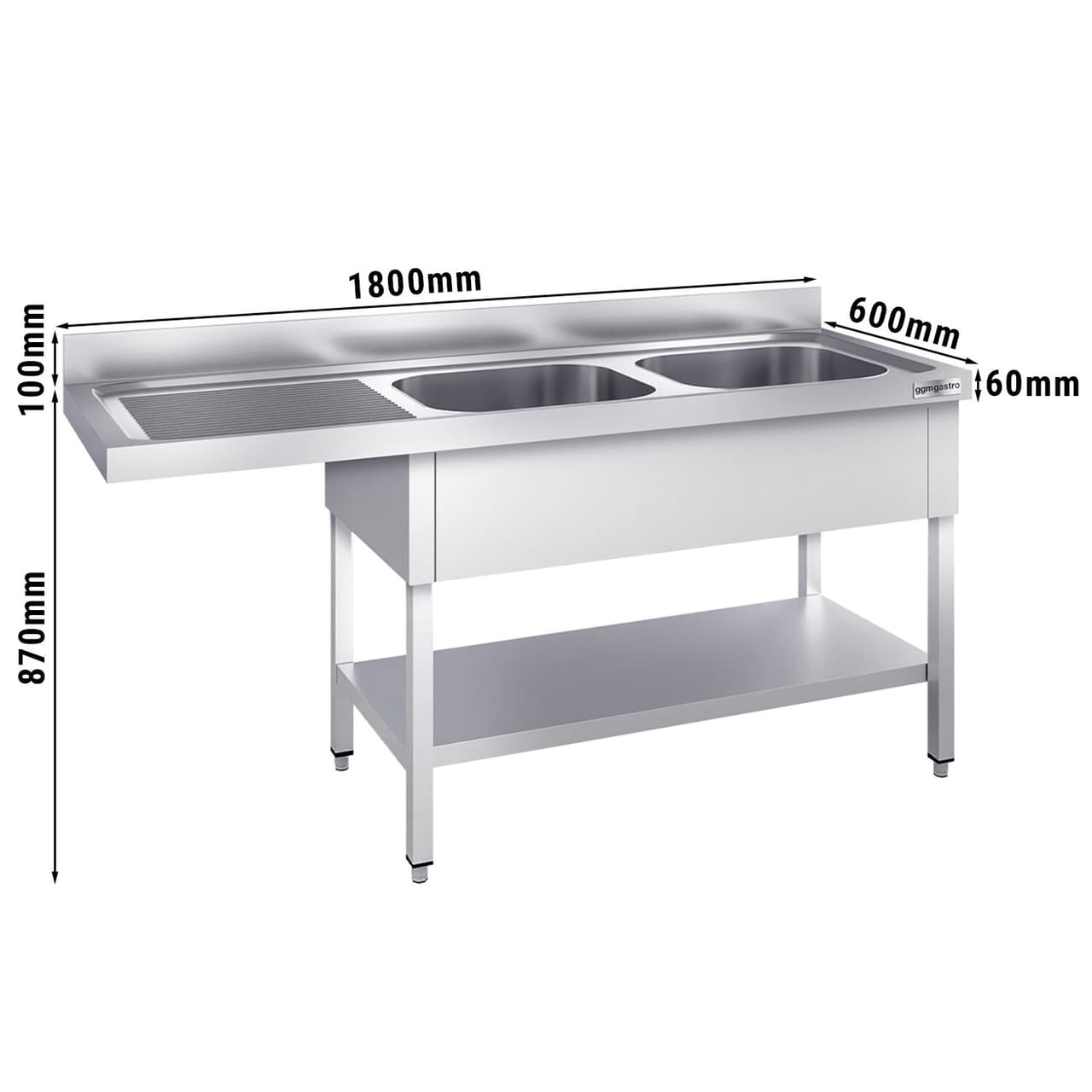 Spülmaschinen-Spültisch - 1800x600mm - mit 2 Becken rechts