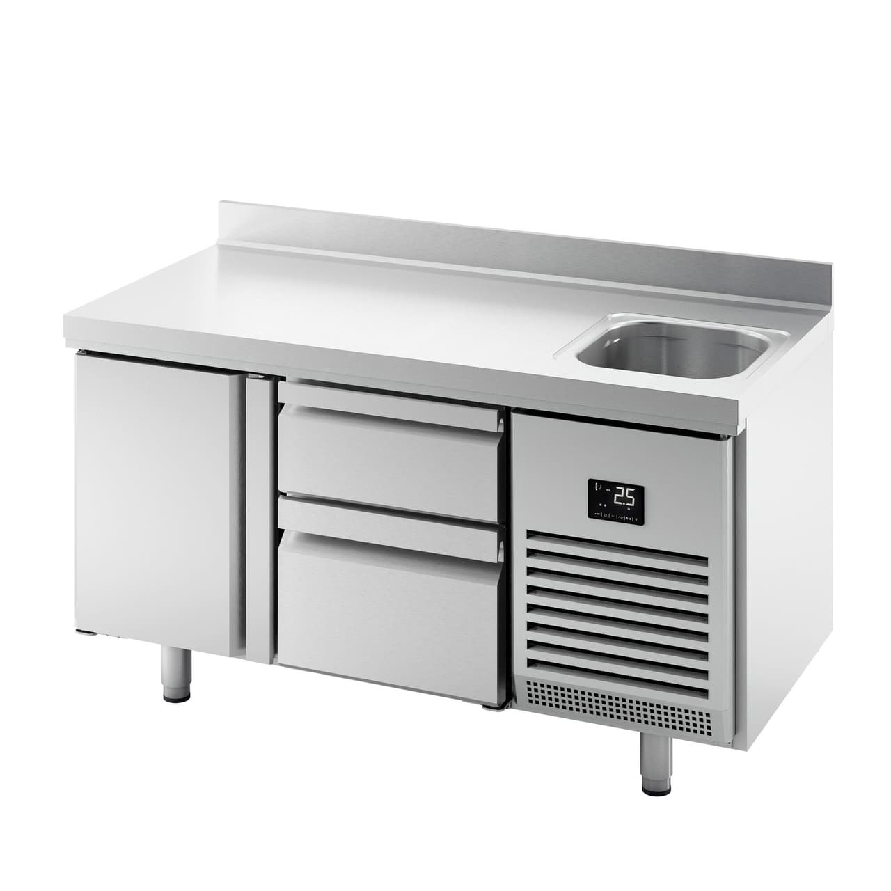 Refrigerated counter Premium PLUS- 1468x600mm - 1 sink, 1 door, 2 drawers & backsplash