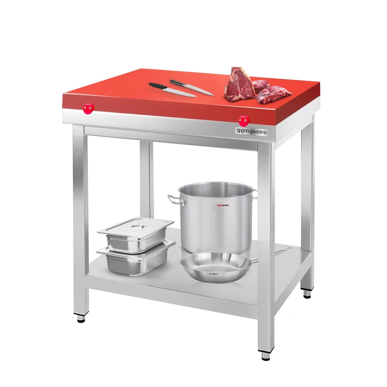 Stainless steel worktable PREMIUM - 700x700mm - with base shelf without upstand incl. cutting plate