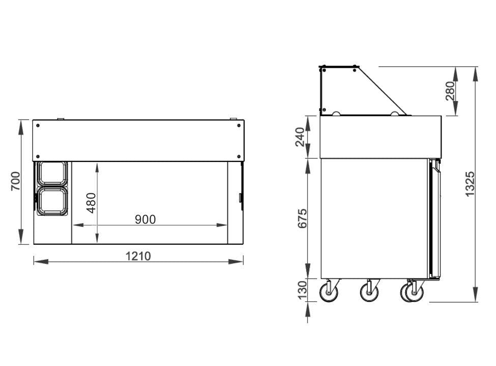 Přípravný stůl - 1,21 x 0,7 m - s 1 dveřmi & 2 šuplíky 1/2 - vč. hot dog grilu & hotdogovače