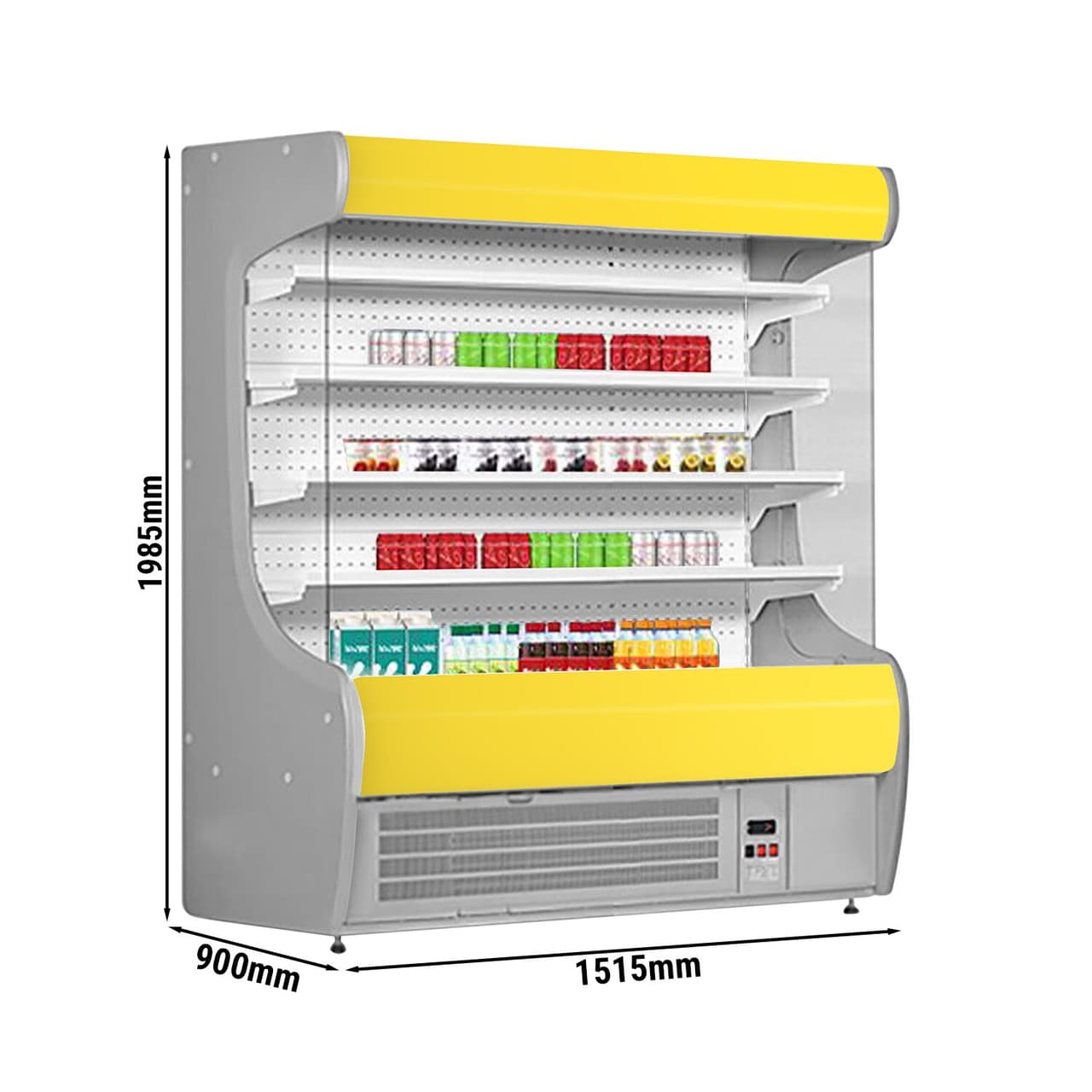 Přístěnný chladicí regál - 1515 mm - s LED osvětlením a 4 policemi - žlutý čelní panel