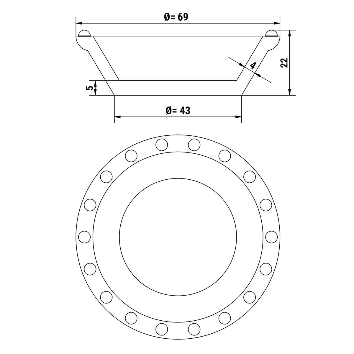 Forma pro stroj na tartlaetky - Tvar: kulatý - Ø nahoře: 47 mm, Ø dole: 29 mm / výška: 20 mm