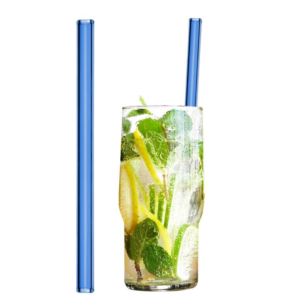 (50 Kusů) Skleněná brčka na pití v modré barvě - 20 cm - rovná - vč. nylonového čisticího kartáčku