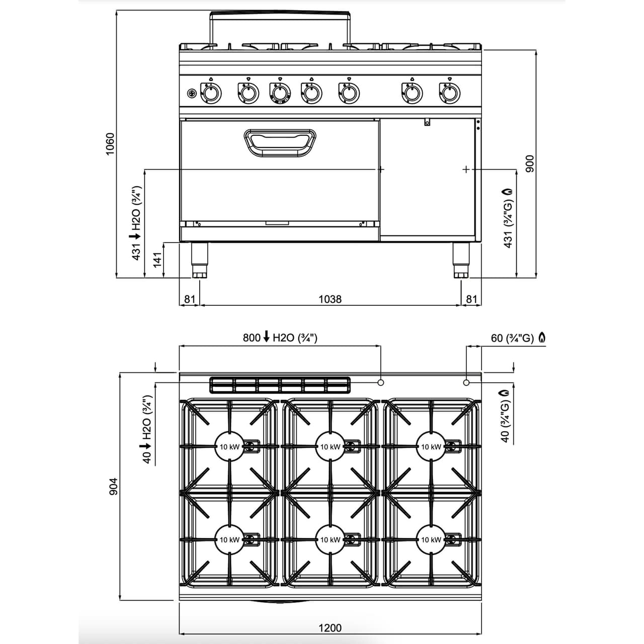 Plynový sporák - se 6 hořáky - 67,8 kW - vč. plynové trouby - 7,8 kW - vysoce výkonný model