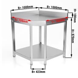 Rohový pracovní stůl z nerezové oceli - 1000x700mm - se spodní policí & obkladovým panelem