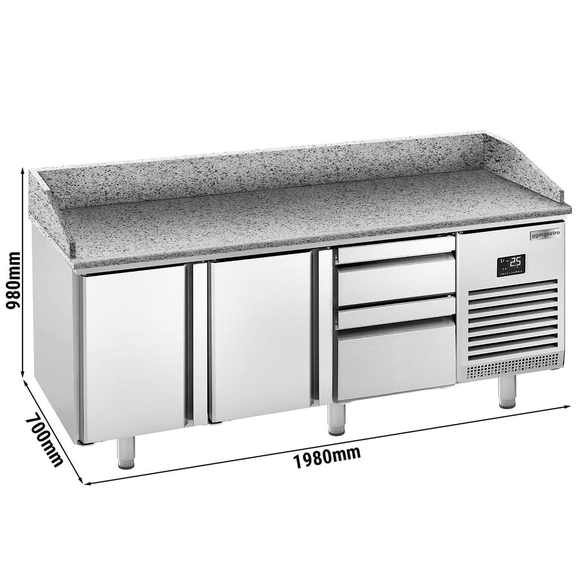 Pizza preparation table  Premium PLUS- 1980x700mm - with 2 doors & 2 drawers