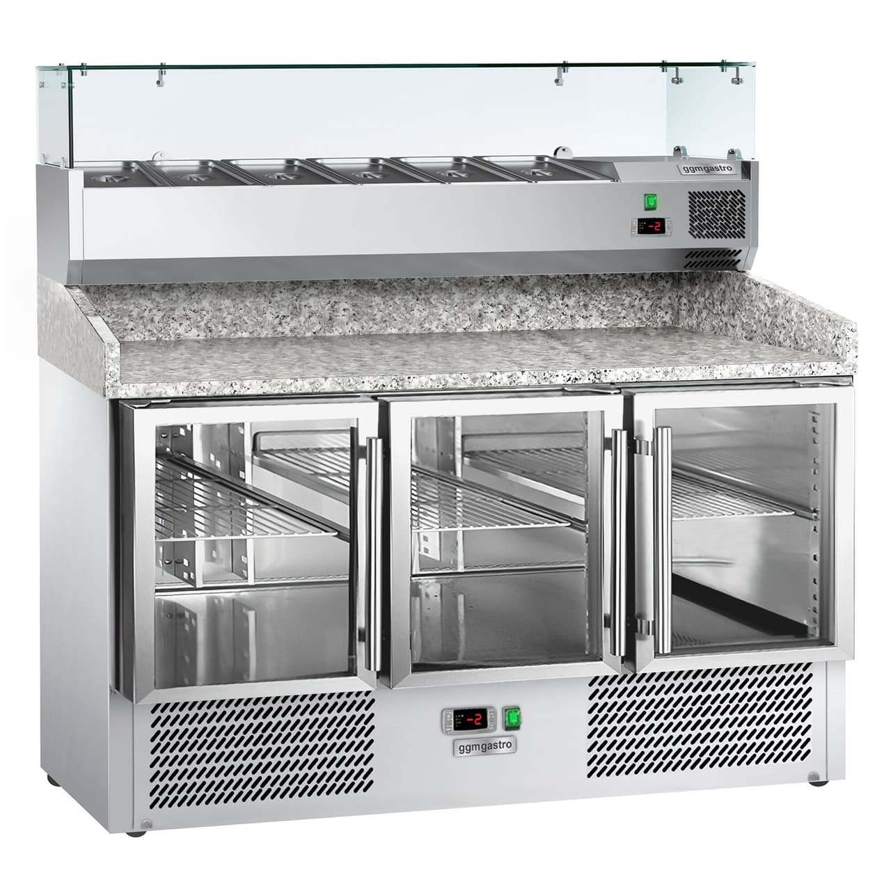 Chladicí stůl na pizzu ECO - 1400x700mm - 3 skleněné dveře - vč. chladicí vitríny