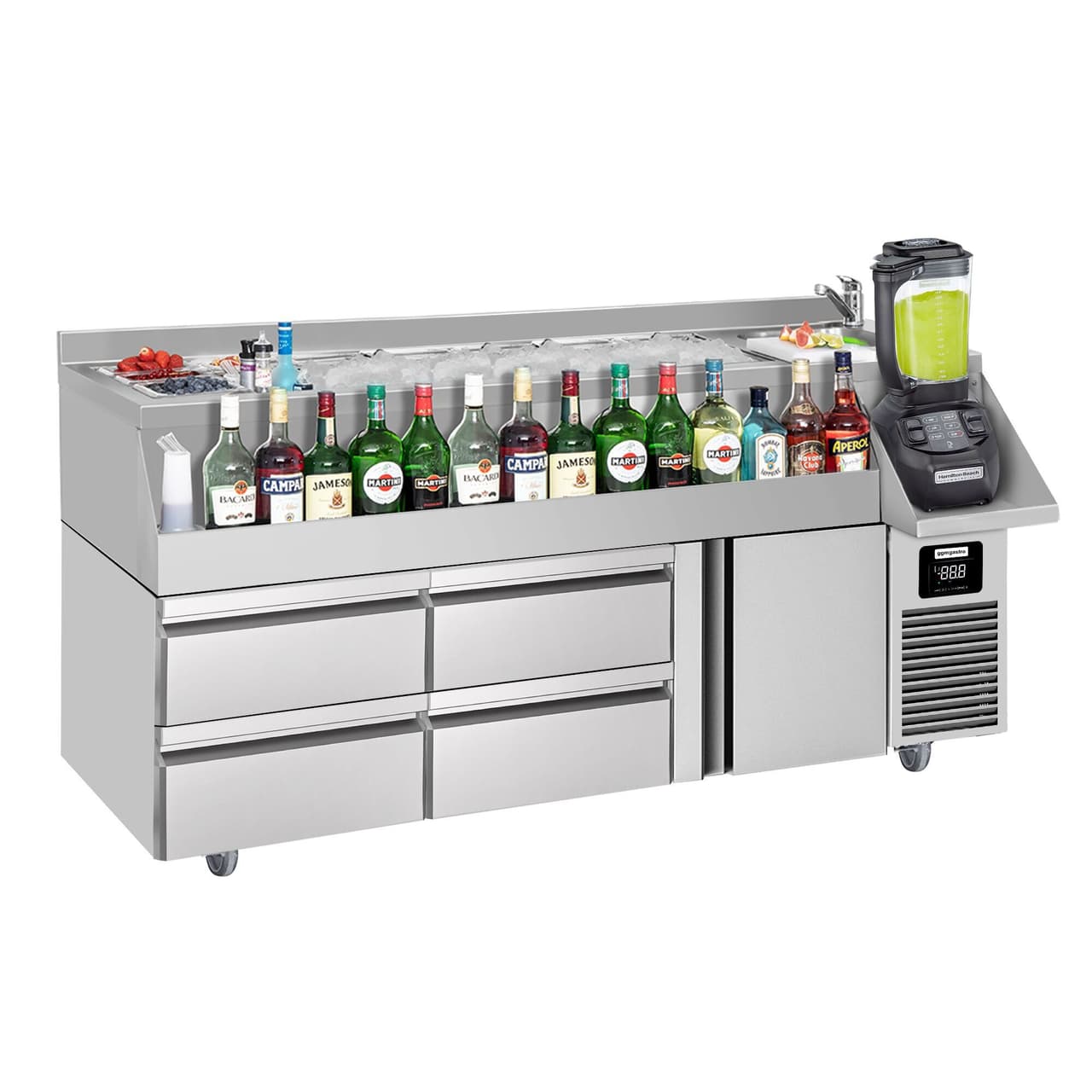 Bar/beverage cooling table - 1600x600mm- 235 Litres- with 1 doors, 4 drawers & shelves