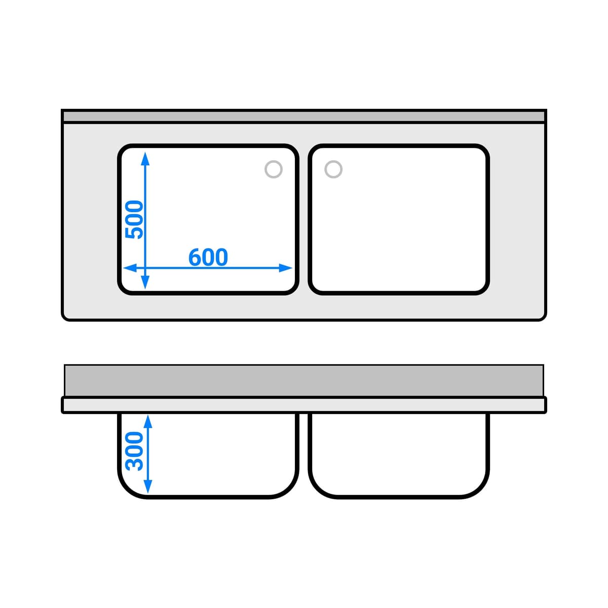 Mycí stůl se spodní policí - 1,6 m - 2 dřezy uprostřed - D 60 x Š 50 x H 30 cm