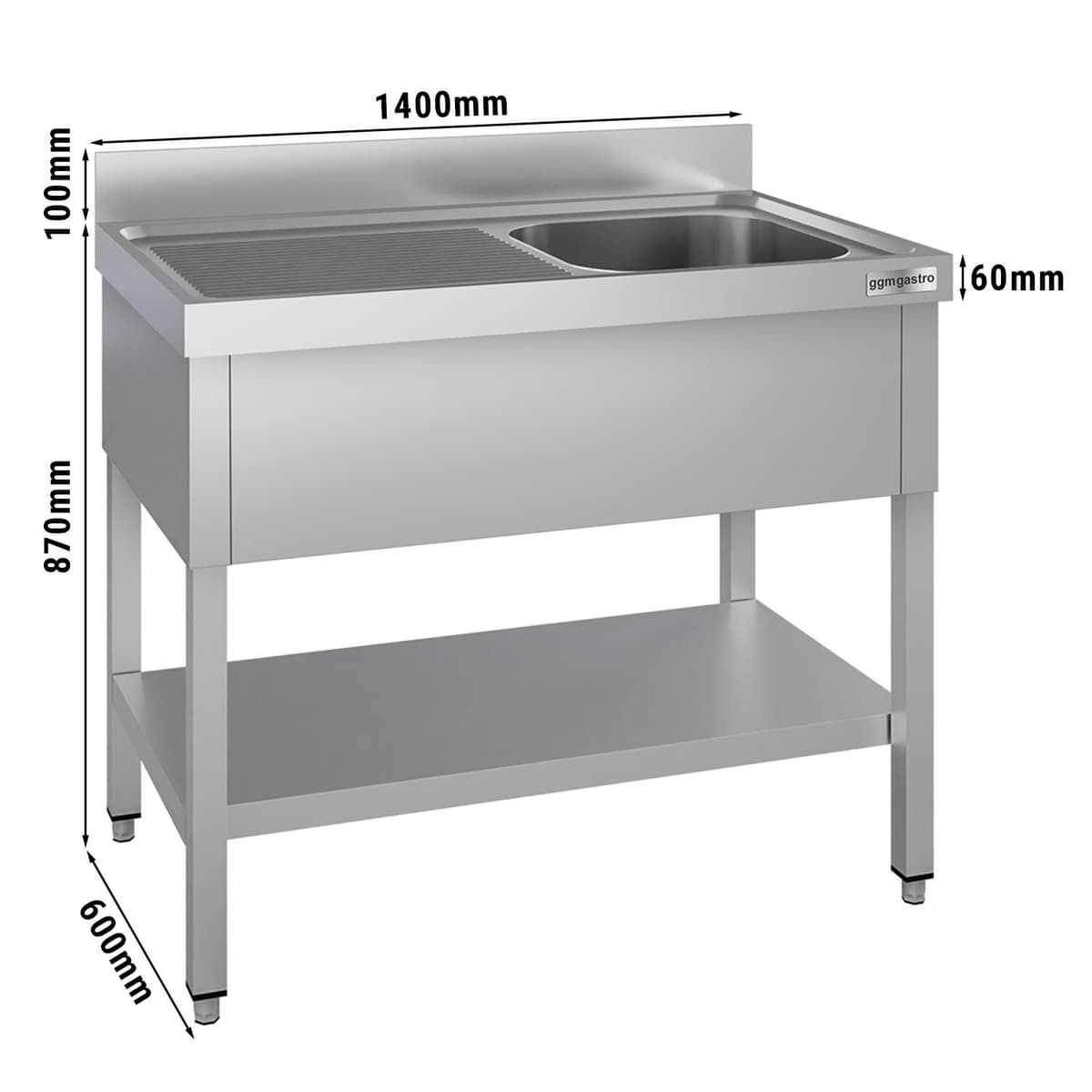 Nerezový mycí stůl ECO - se spodní policí - 1,4 m - 1 dřez vpravo - D 50 x Š 40 x H 25 cm