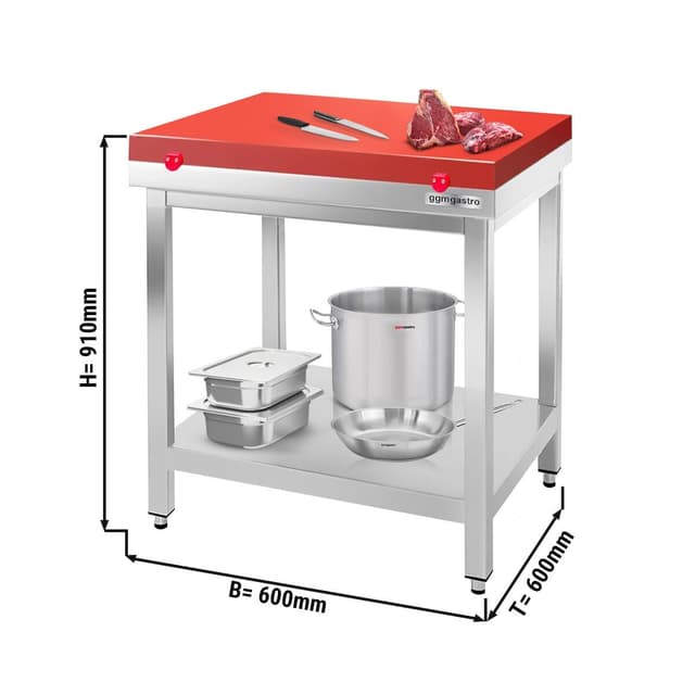 Edelstahl Arbeitstisch PREMIUM - 600x600mm - mit Grundboden ohne Aufkantung inkl. Schneideplatte