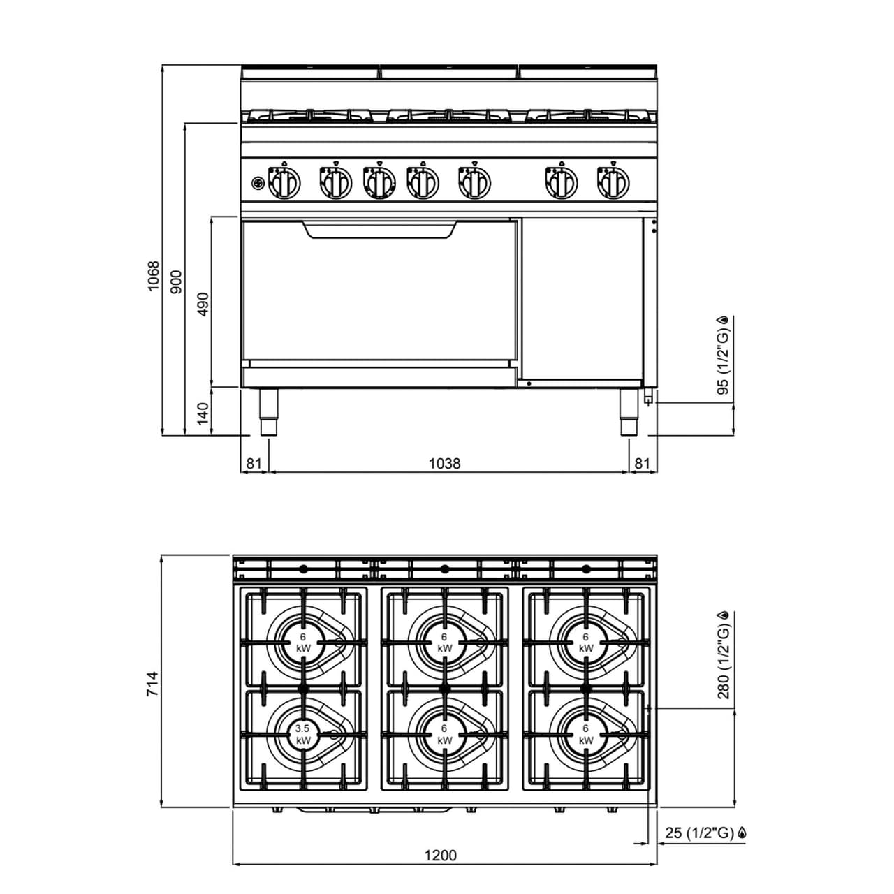 Plynový sporák 6 hořáků (33,5 kW) + plynová trouba (7,8 kW)