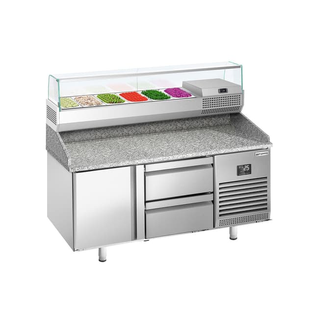 Pizza preparation table Premium PLUS - 1490x700mm - with 1 door & 2 drawers - incl. refrigerated display case - 6x GN 1/4