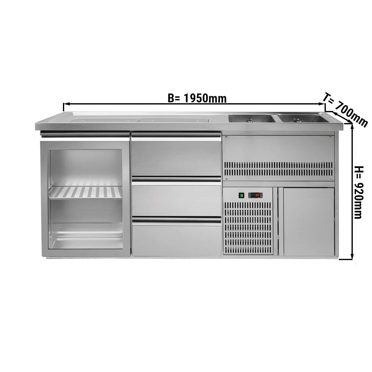 Výčepní pult 1,95 x 0,7 m - s 1 skleněnými dveřmi & 3 šuplíky 1/3 + 1/3 + 1/3