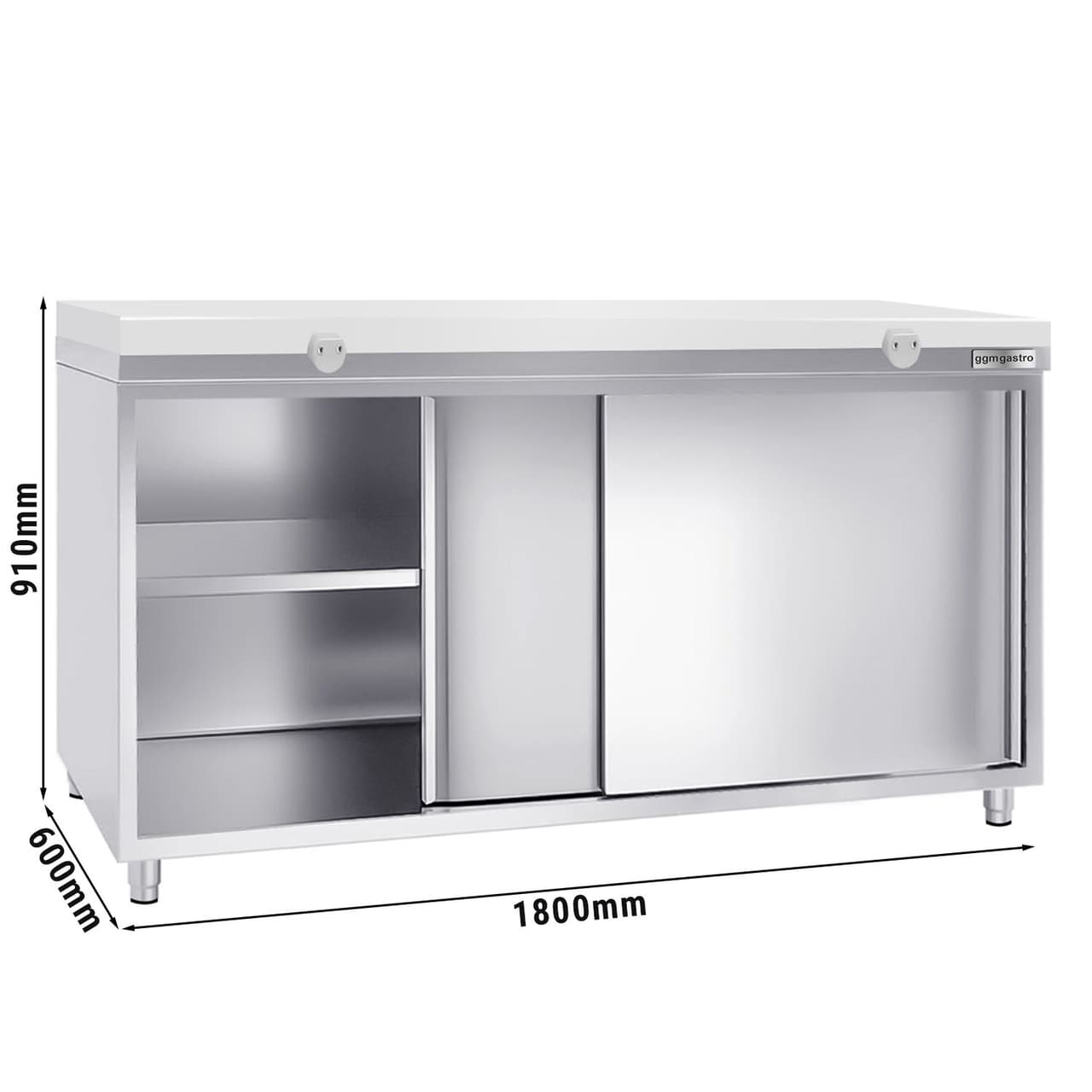 Stainless steel work cabinet PREMIUM - 1800x600mm - with sliding door without backsplash incl. cutting plate