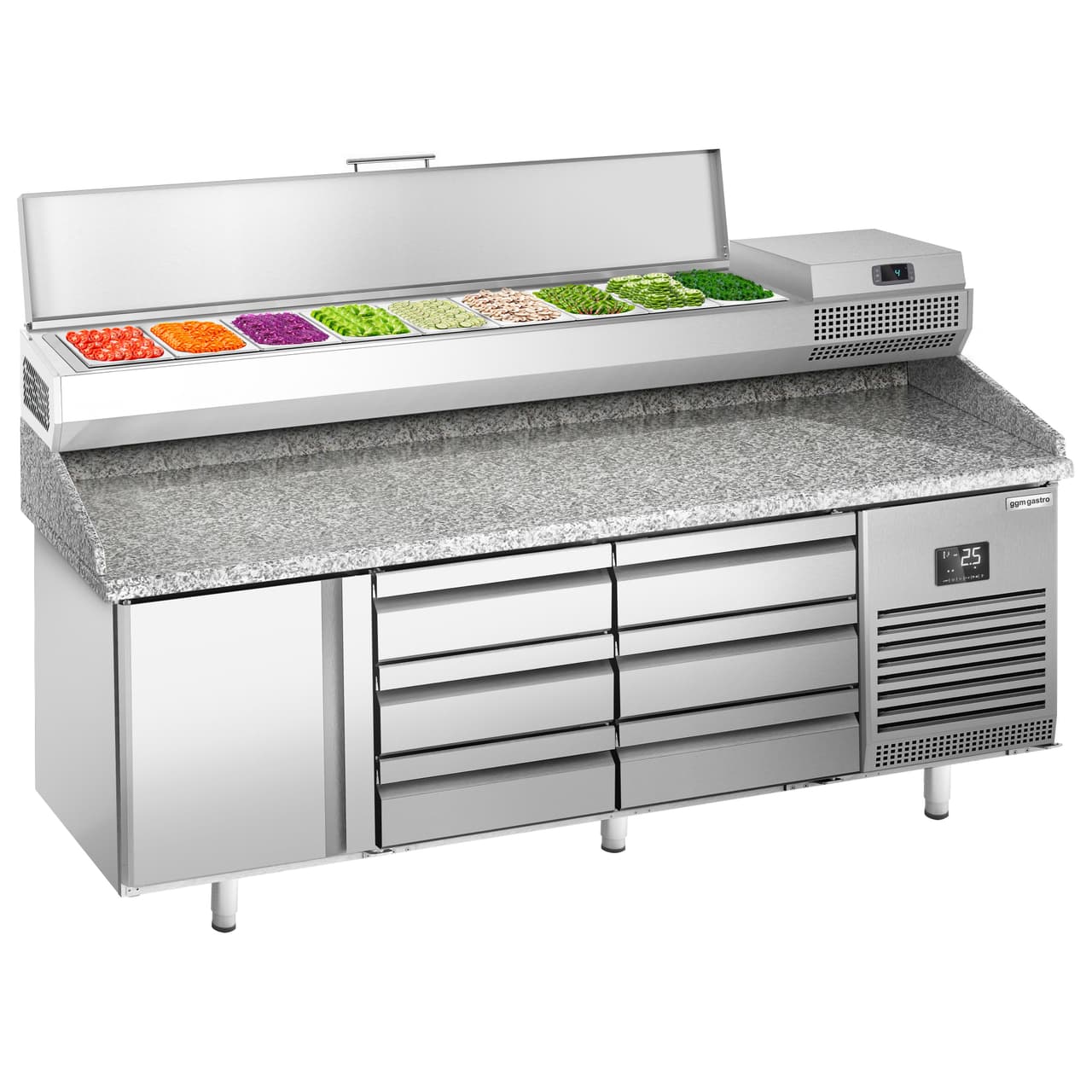 Pizza preparation table Premium PLUS- 1980x700mm - with 1 door & 6 drawers - incl. refrigerated display case - 9x GN 1/4