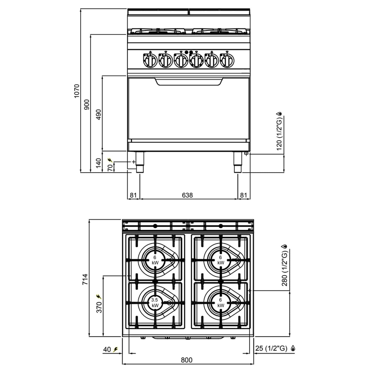 Plynový sporák 4 hořáky (21,5 kW) + elektrická trouba statická (7,5 kW)