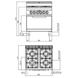 Plynový sporák 4 hořáky (21,5 kW) + elektrická trouba statická (7,5 kW)