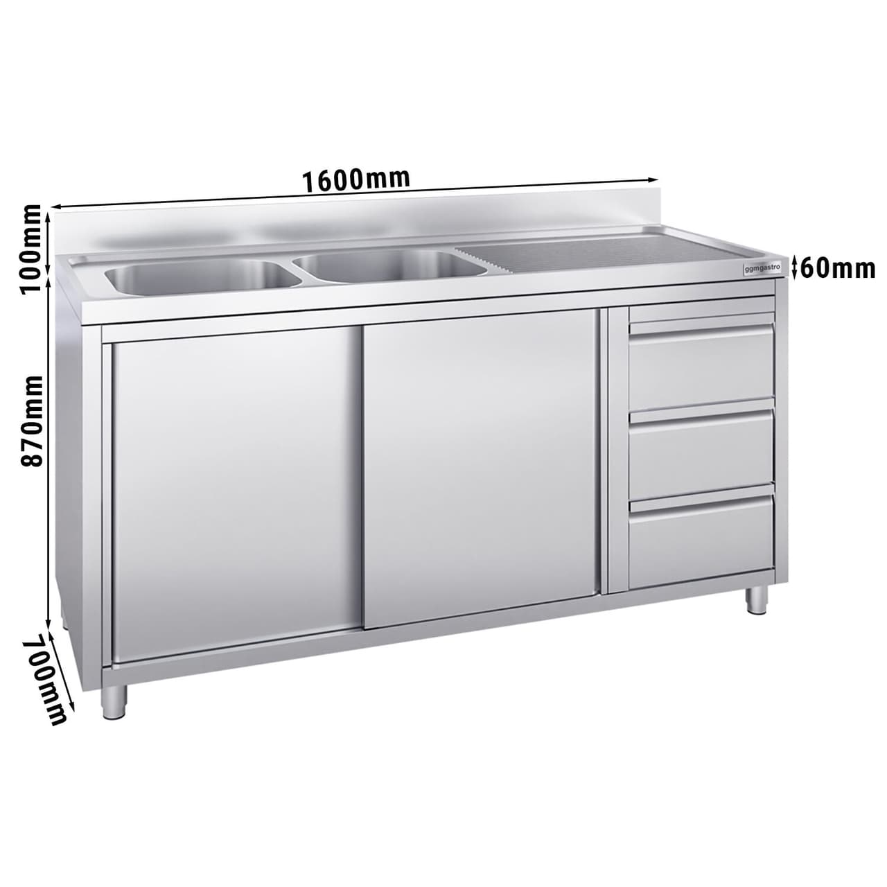 Spülschrank - 1600x700mm - mit 3 Schubladen & 2 Becken links