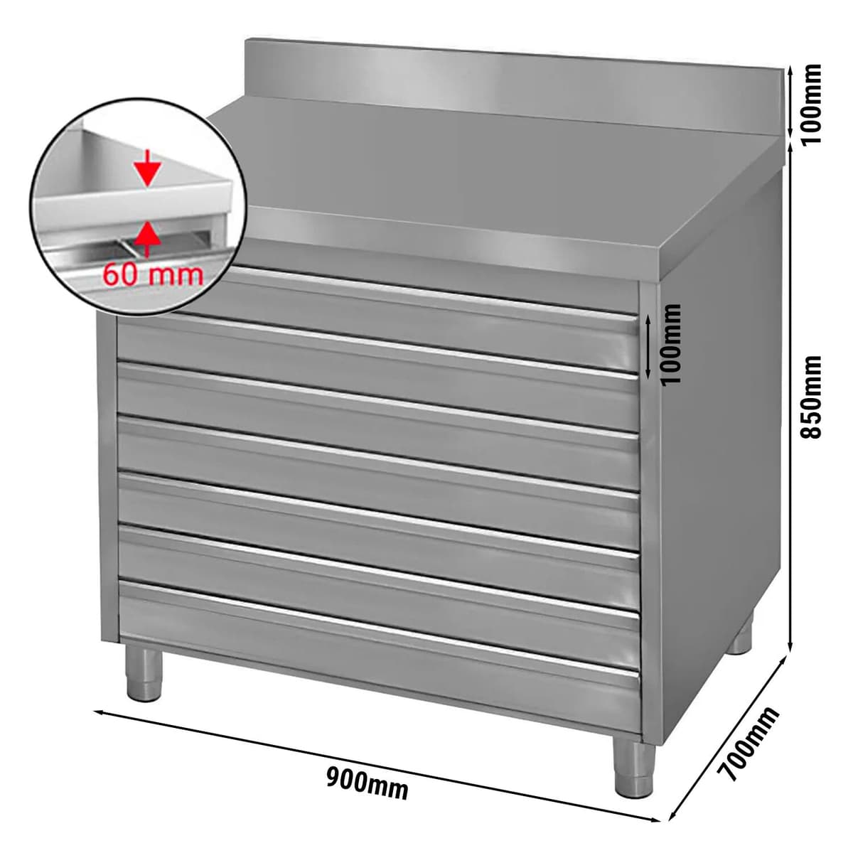 ECO drawer cabinet with 6 drawers for pizza dough balls & backsplash - 900x700mm