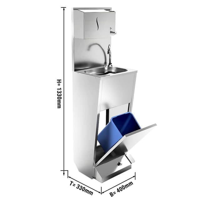 Handwaschbecken | Waschstation - Edelstahl - mit Mischbatterie, Fußbedienung, Papier- & Seifenspender
