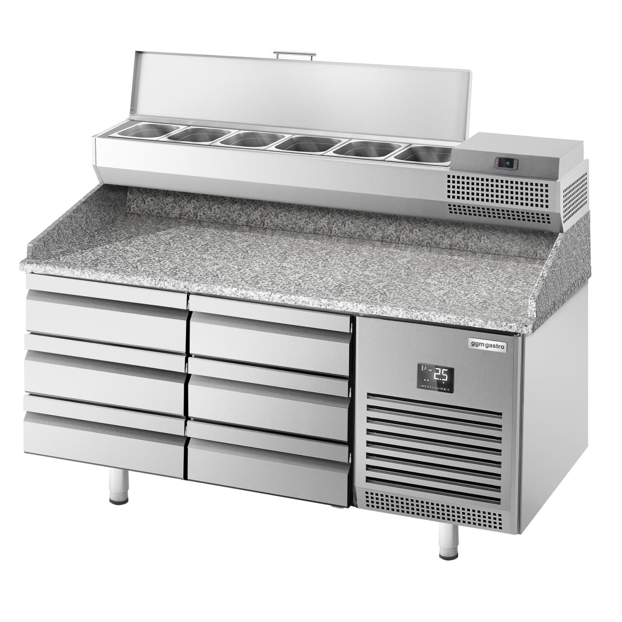 Pizza preparation table Premium PLUS- 1490x700mm - with 6 drawers - incl. refrigerated display case - 6x GN 1/4