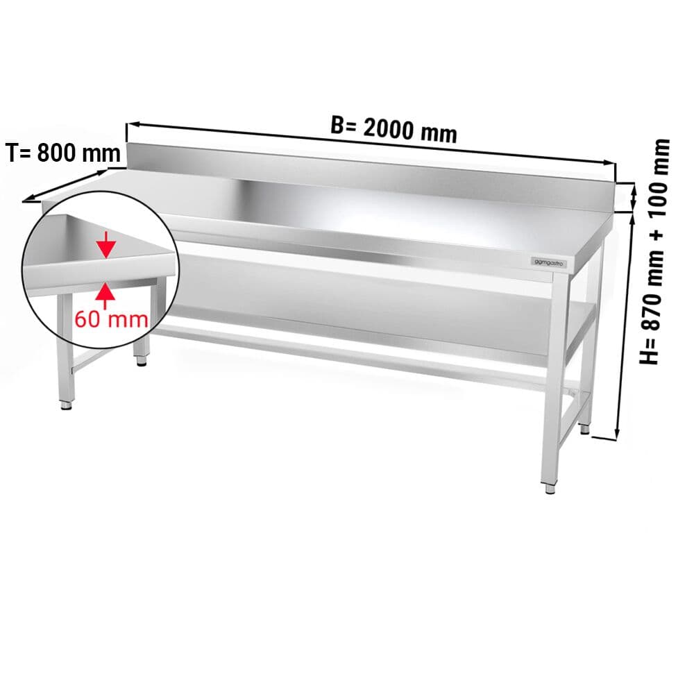 Edelstahl Arbeitstisch PREMIUM - 2000x800mm - mit Grundboden, Aufkantung & Verstrebung