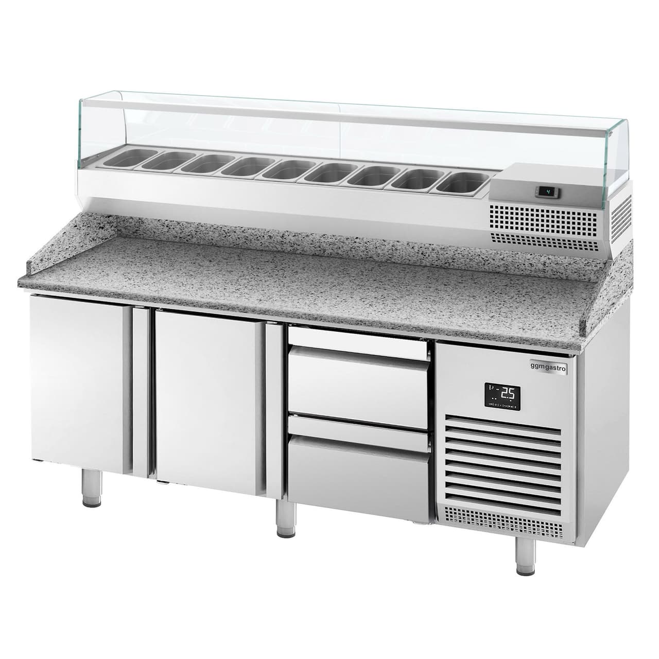 Pizza preparation table Premium PLUS - 1980x700mm - with 2 doors & 2 drawers - incl. refrigerated display case - 9x GN 1/4