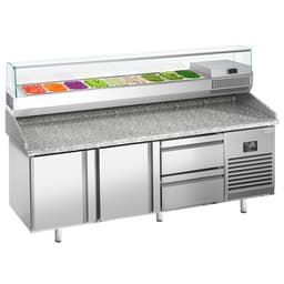 Pizza preparation table Premium PLUS - 1980x700mm - with 2 doors & 2 drawers - incl. refrigerated display case - 9x GN 1/4