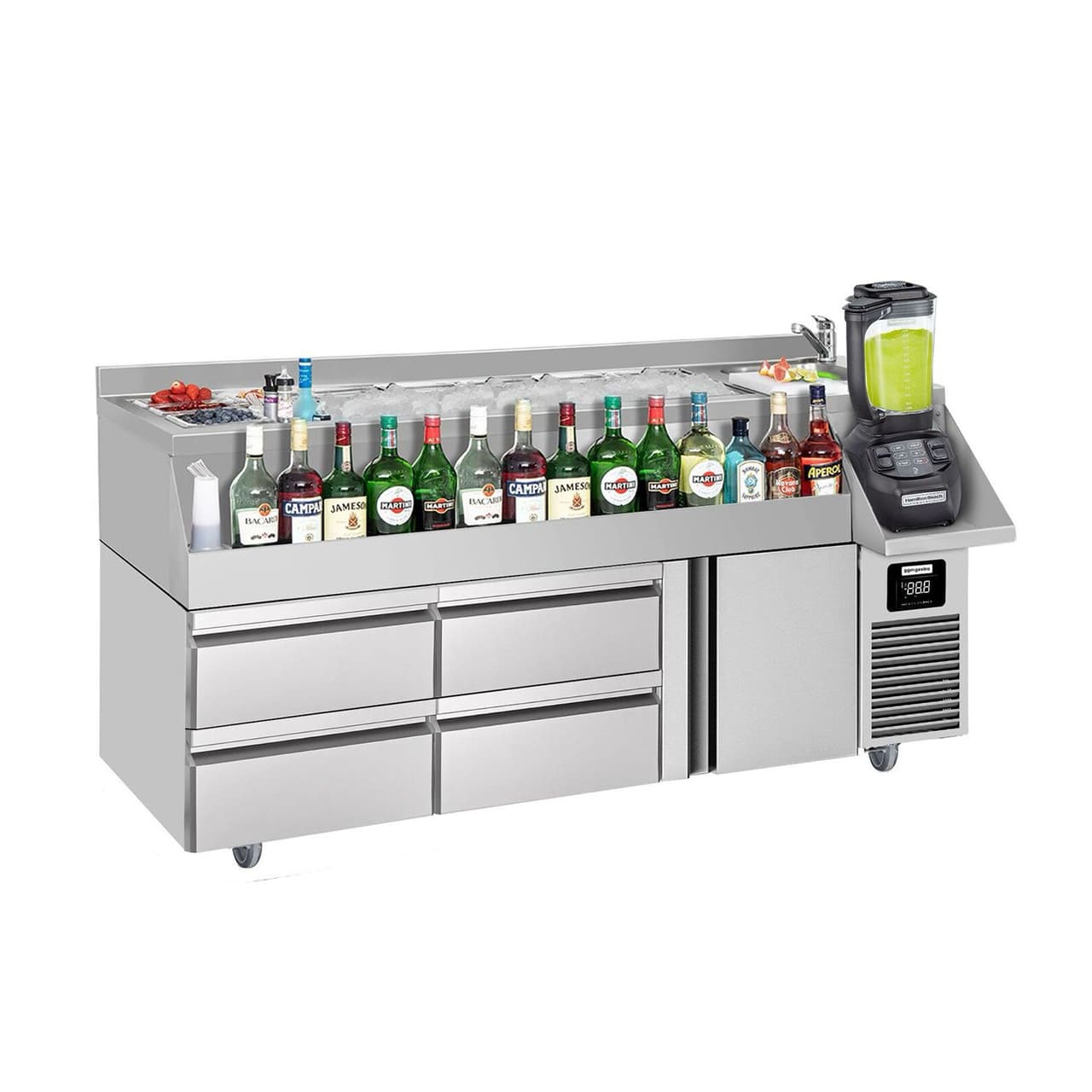 Bar/beverage cooling table - 1600x600mm- 235 Litres- with 1 doors, 4 drawers & shelves