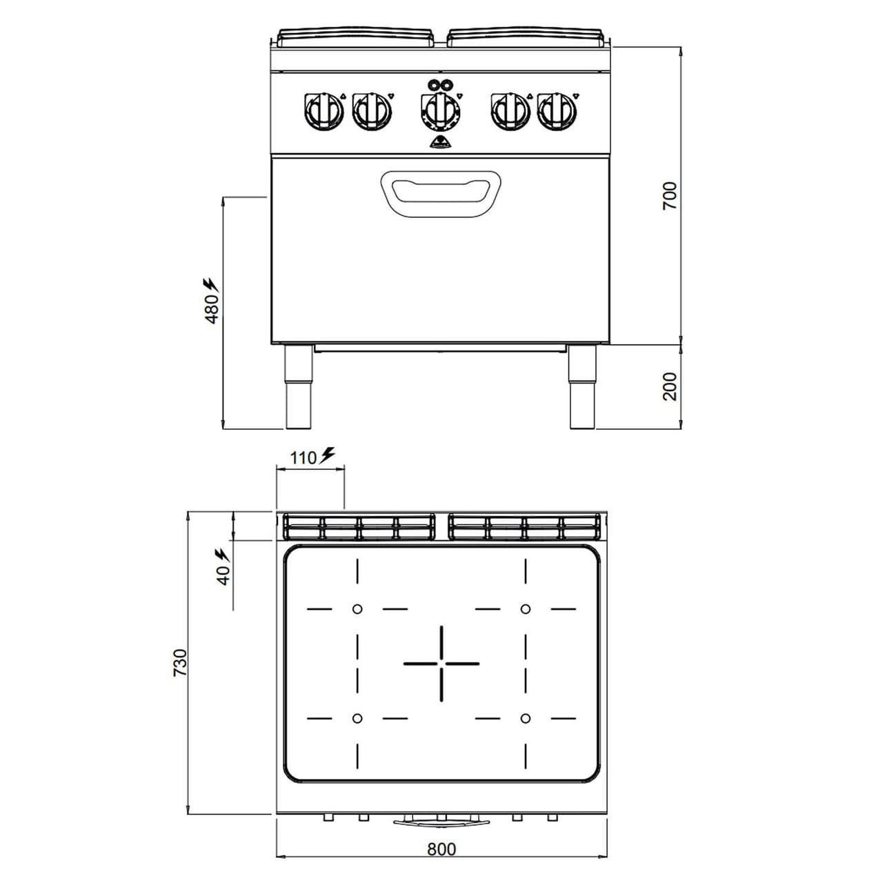 Infračervený sporák - se 4 plotýnkami (12,8 kW) & elektrickou troubou (4,7 kW)