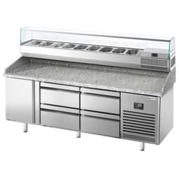 Pizza preparation table Premium PLUS - 1980x700mm - with 1 door & 4 drawers - incl. refrigerated display case - 9x GN 1/4