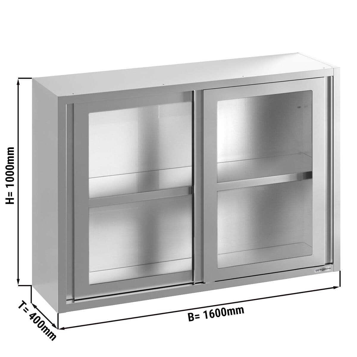 Stainless steel wall cabinet - 1600x400mm - with sliding glass door - 1000mm high