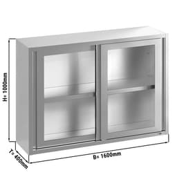 Stainless steel wall cabinet - 1600x400mm - with sliding glass door - 1000mm high