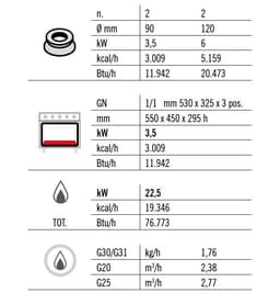 Plynový sporák 4 hořáky (19 kW) + plynová trouba (3,5 kW)