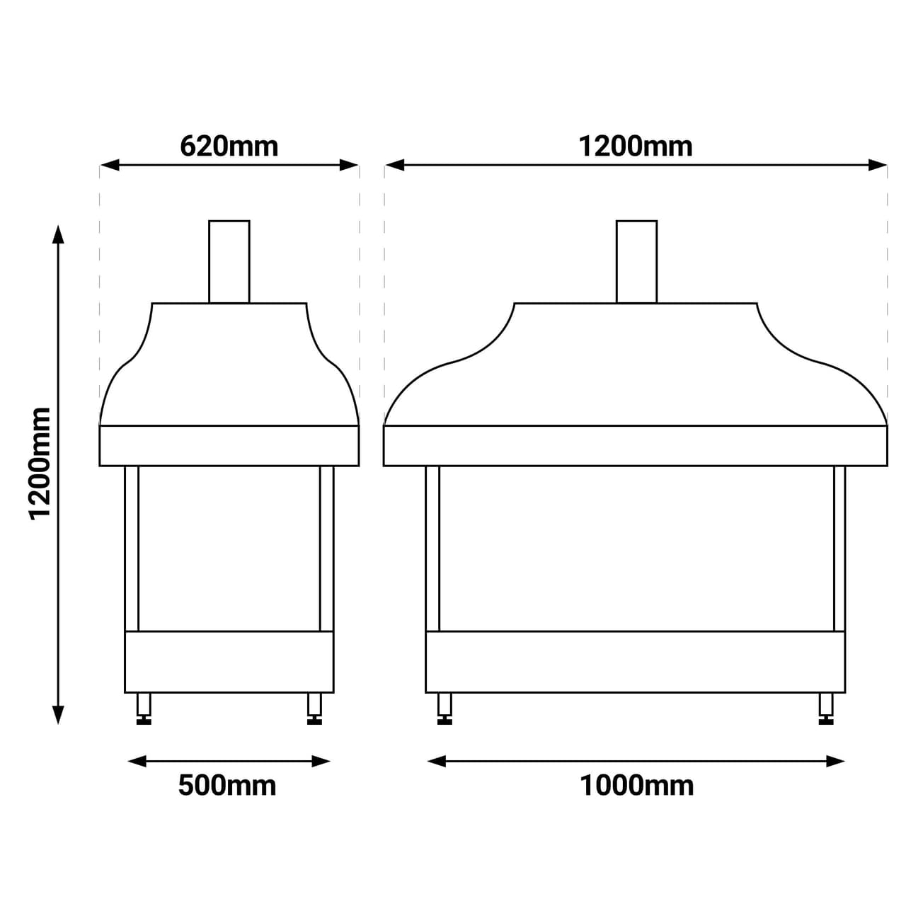 Měděný gril na dřevěné uhlí - 1200mm - se sklem