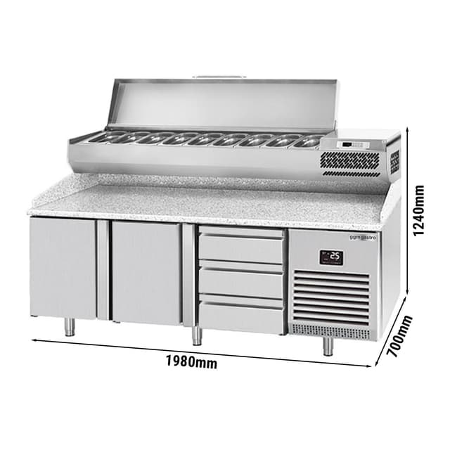 Pizza preparation table Premium PLUS- 1980x700mm - with 2 doors & 3 drawers - incl. refrigerated display case - 9x GN 1/4