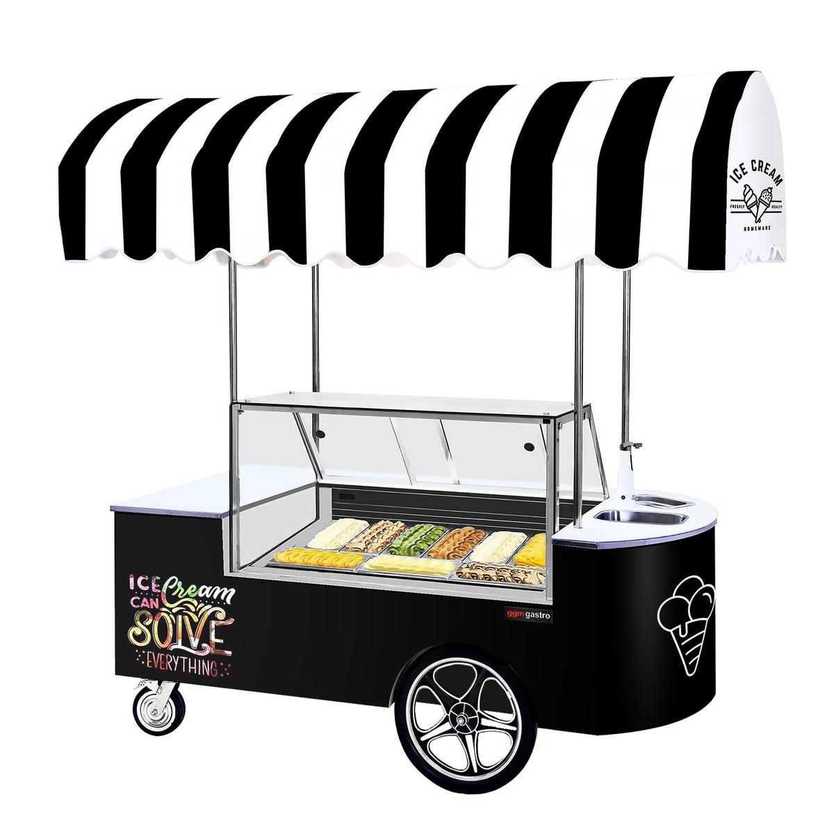 Ice cream trolley - 2146mm - with sink & square ice cream counter - 9x5 Litre ice cream containers