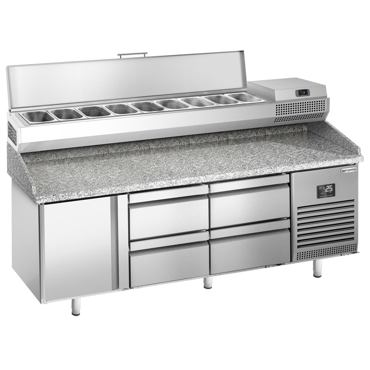 Pizza preparation table Premium PLUS- 1980x700mm - with 1 door & 4 drawers - incl. refrigerated display case - 9x GN 1/4