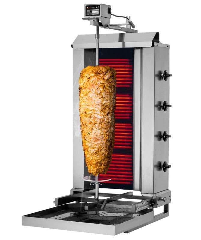 Gril na gyros/kebab - 4 hořáky (pohyblivé) - max. 60 kg - vč. křídlových dvířek