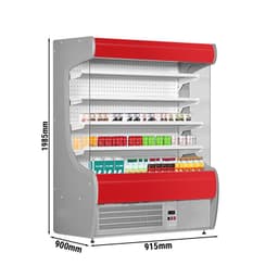 Přístěnný chladicí regál - 915 mm - s LED osvětlením a 4 policemi - červený čelní panel