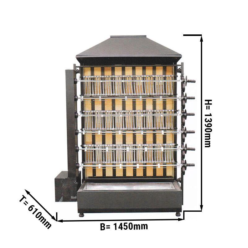 Gril na dřevěné uhlí se 6 rožni pro 36 kuřat - 1450 x 610 x 1930 mm