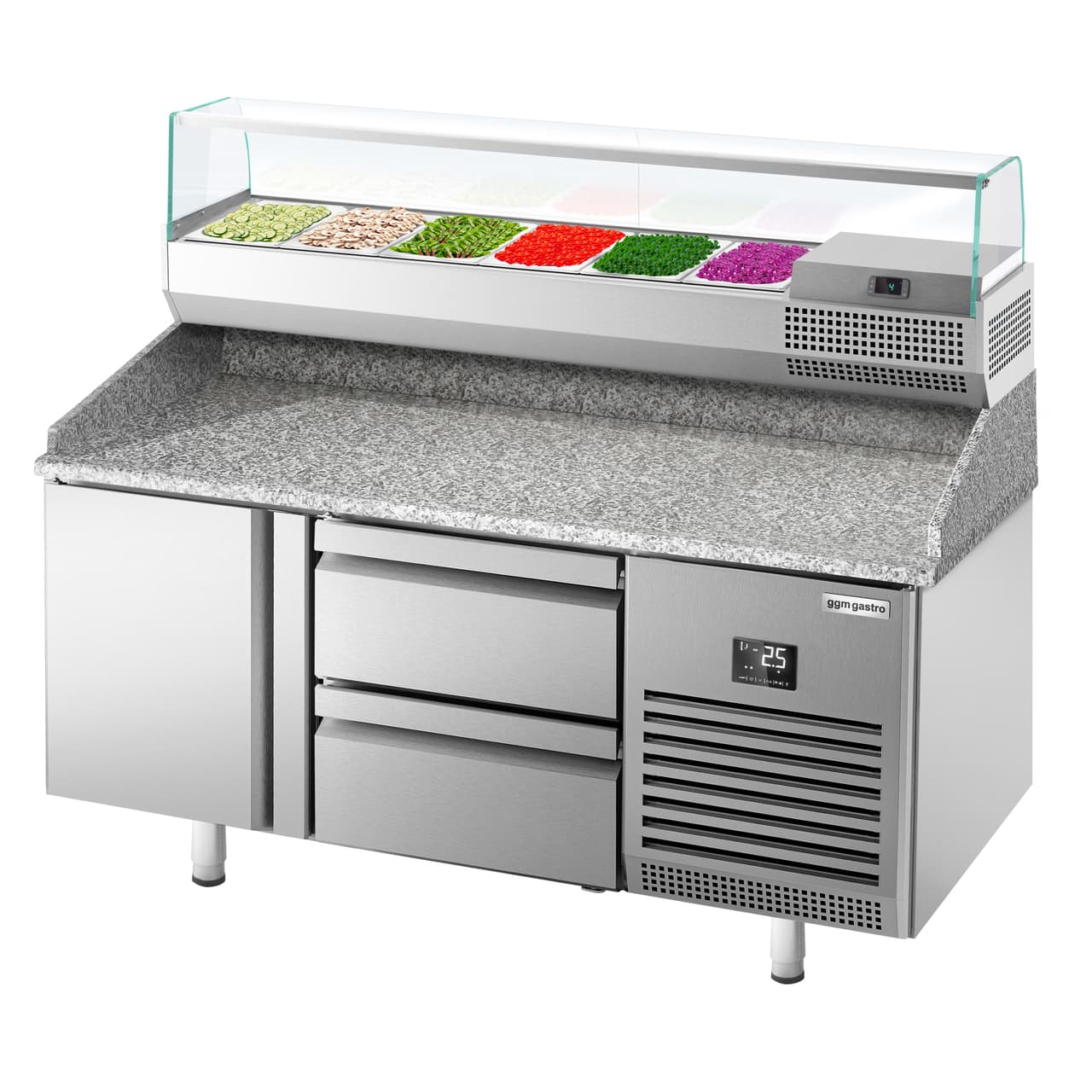 Pizza preparation table Premium PLUS - 1490x700mm - with 1 door & 2 drawers - incl. refrigerated display case - 6x GN 1/4