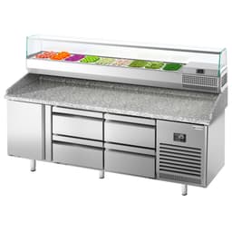 Pizza preparation table Premium PLUS - 1980x700mm - with 1 door & 4 drawers - incl. refrigerated display case - 9x GN 1/4