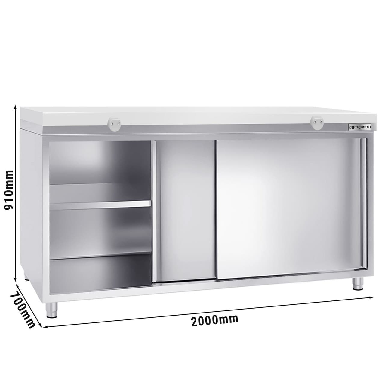 Stainless steel work cabinet PREMIUM - 2000x700mm - with sliding door without backsplash incl. cutting plate