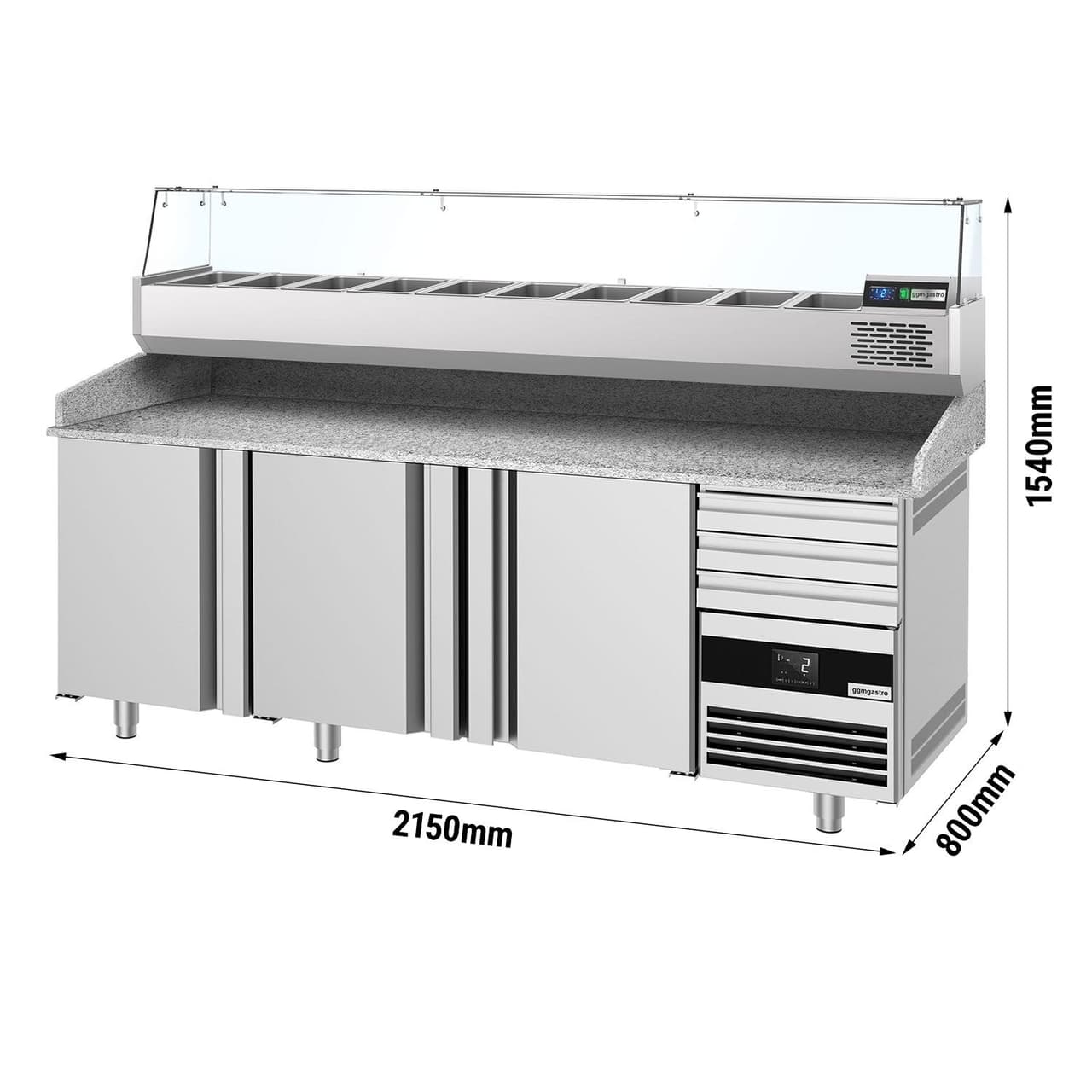 Chladicí stůl na pizzu PREMIUM - 2150x800mm - se 3 dveřmi & 3 zásuvkami - vč. chladicí vitríny - 10x GN 1/3