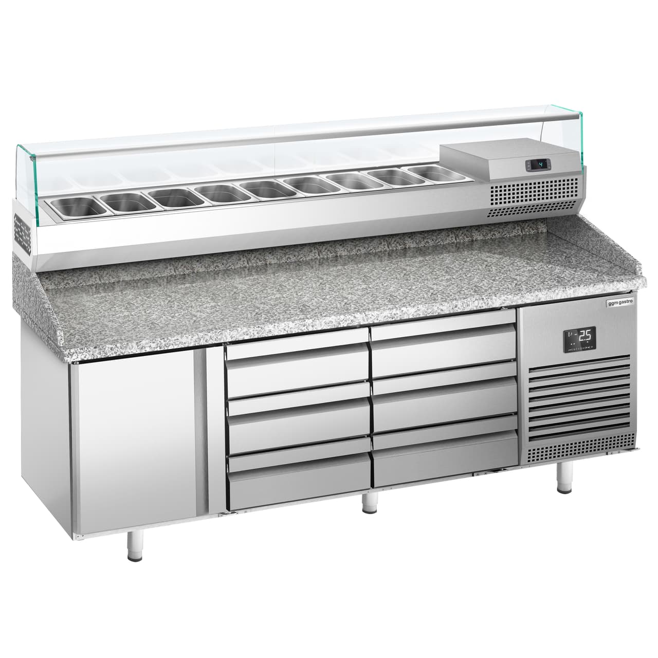 Pizza preparation table Premium PLUS- 1980x700mm - with 1 door & 6 drawers - incl. refrigerated display case - 9x GN 1/4