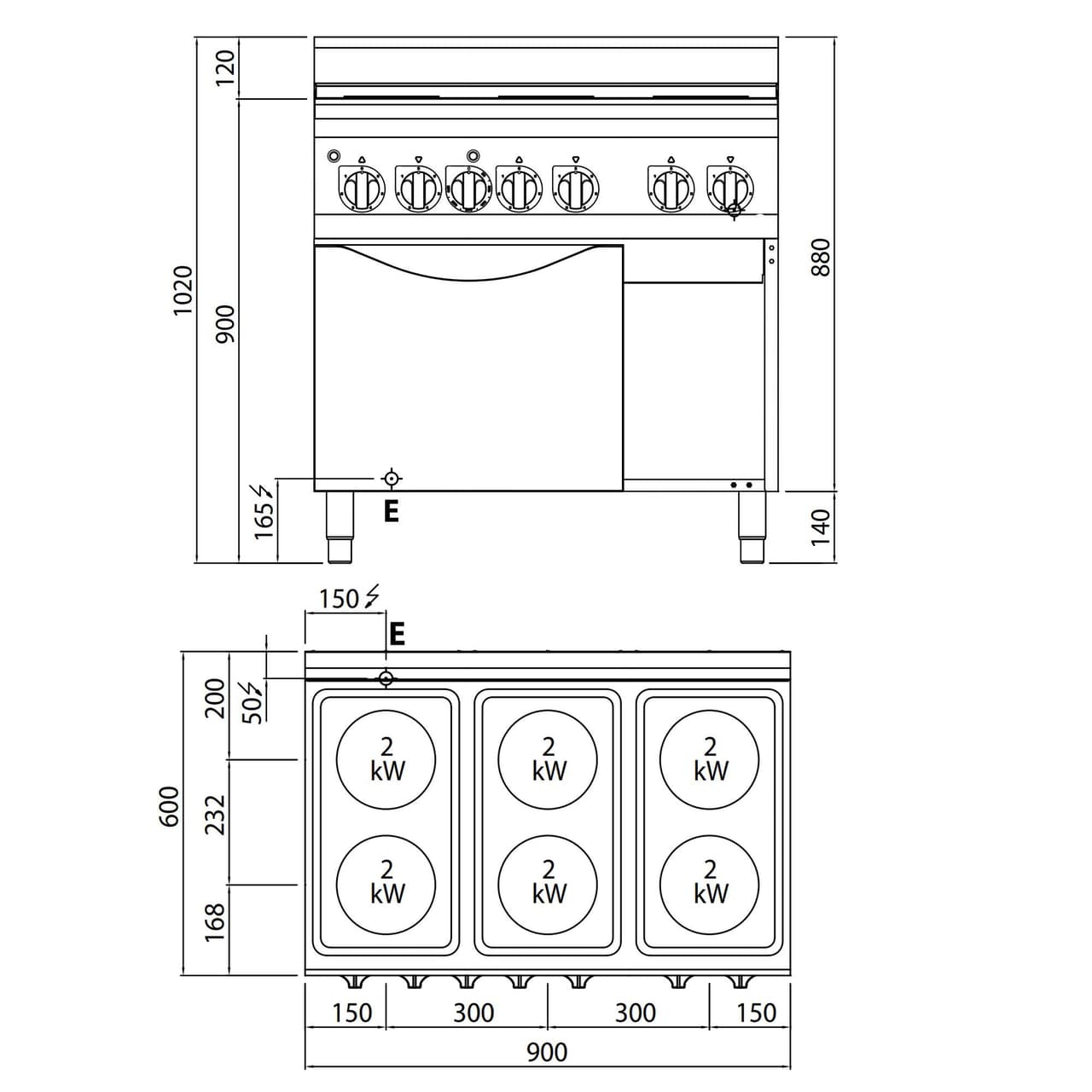 Elektrický sporák 6x kulatá plotýnka (12 kW) + elektrický konvektomat (3 kW)