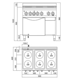 Elektrický sporák 6x kulatá plotýnka (12 kW) + elektrický konvektomat (3 kW)